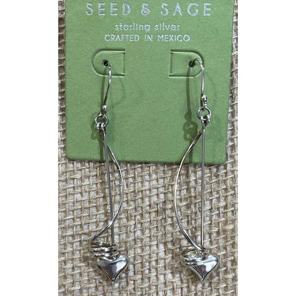 Spiral Heart Seed & Sage Sterling Silver Drop Dangle Earrings Mexico Fairycore